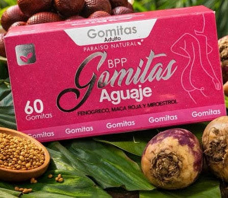 Gomitas de aguaje Mily Revolution HN en envase con gomitas de color naranja y forma de pequeñas frutas naturales.
